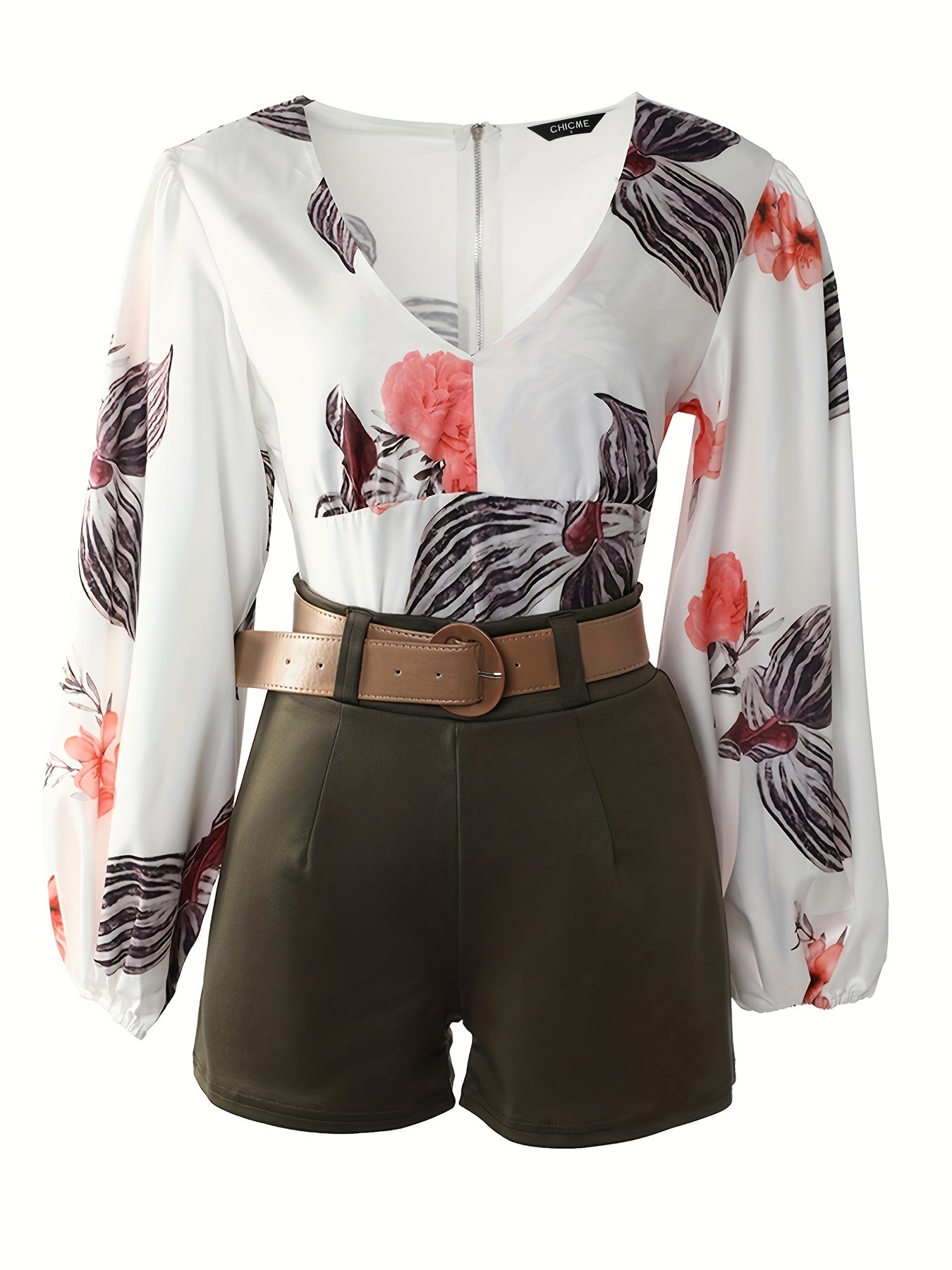 Floral Print Two Piece Set Lantern Sleeve Blouse & Shorts