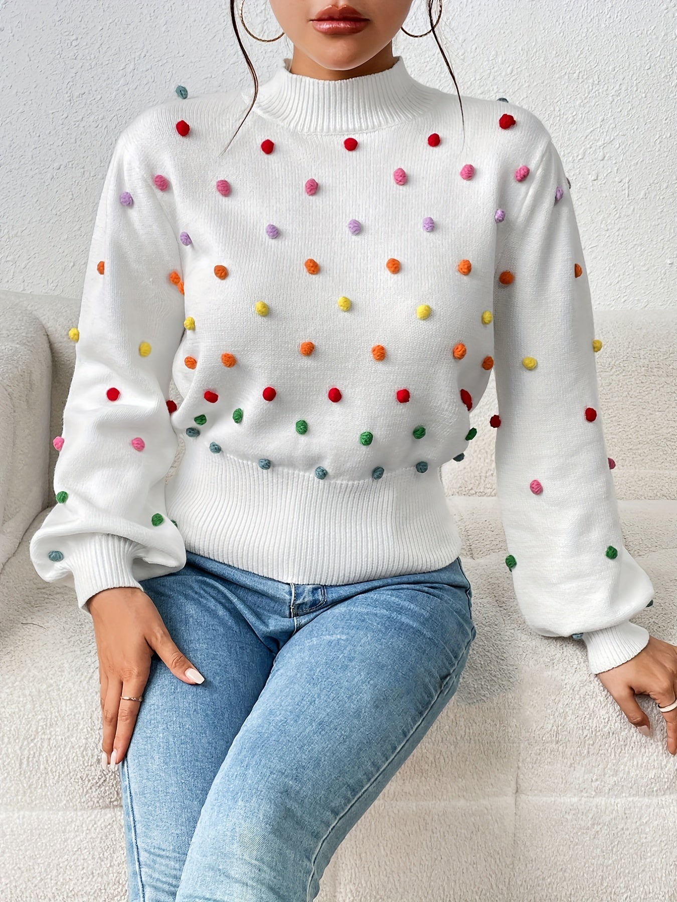  Colorful Thread Ball Decor Lantern Sleeve Mock Neck Sweater