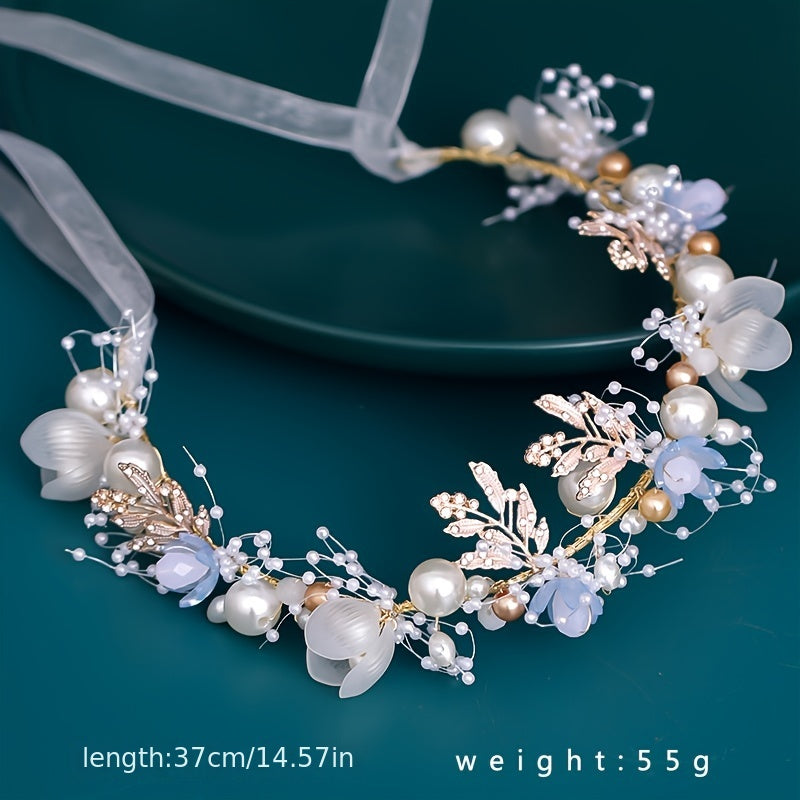 Girls Flower Headband with Faux Pearl Decoration for Wedding Party