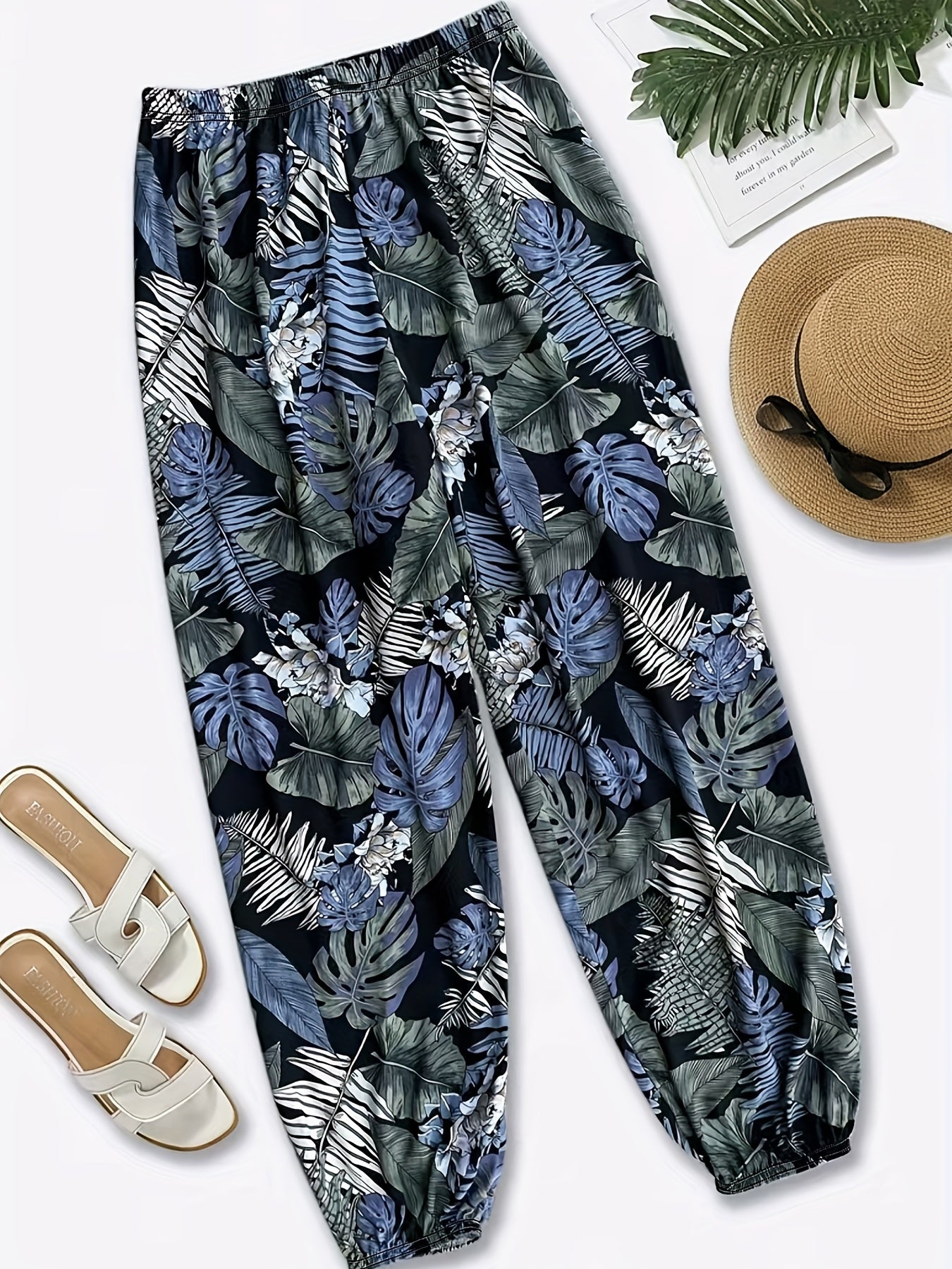 Women's Plus Tropical Leaf Print Trousers