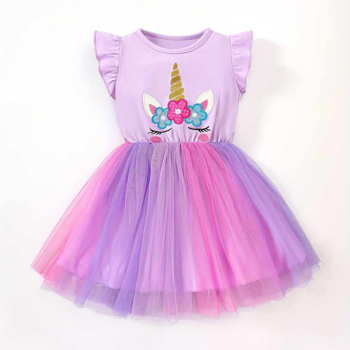 Toddler Girls Unicorn Embroidery Mesh Dress