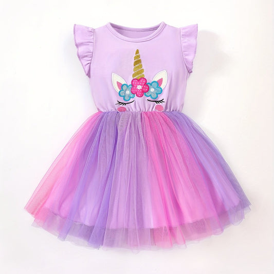 Toddler Girls Unicorn Embroidery Mesh Dress