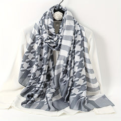 Gray Houndstooth Print Silk Scarf for Women