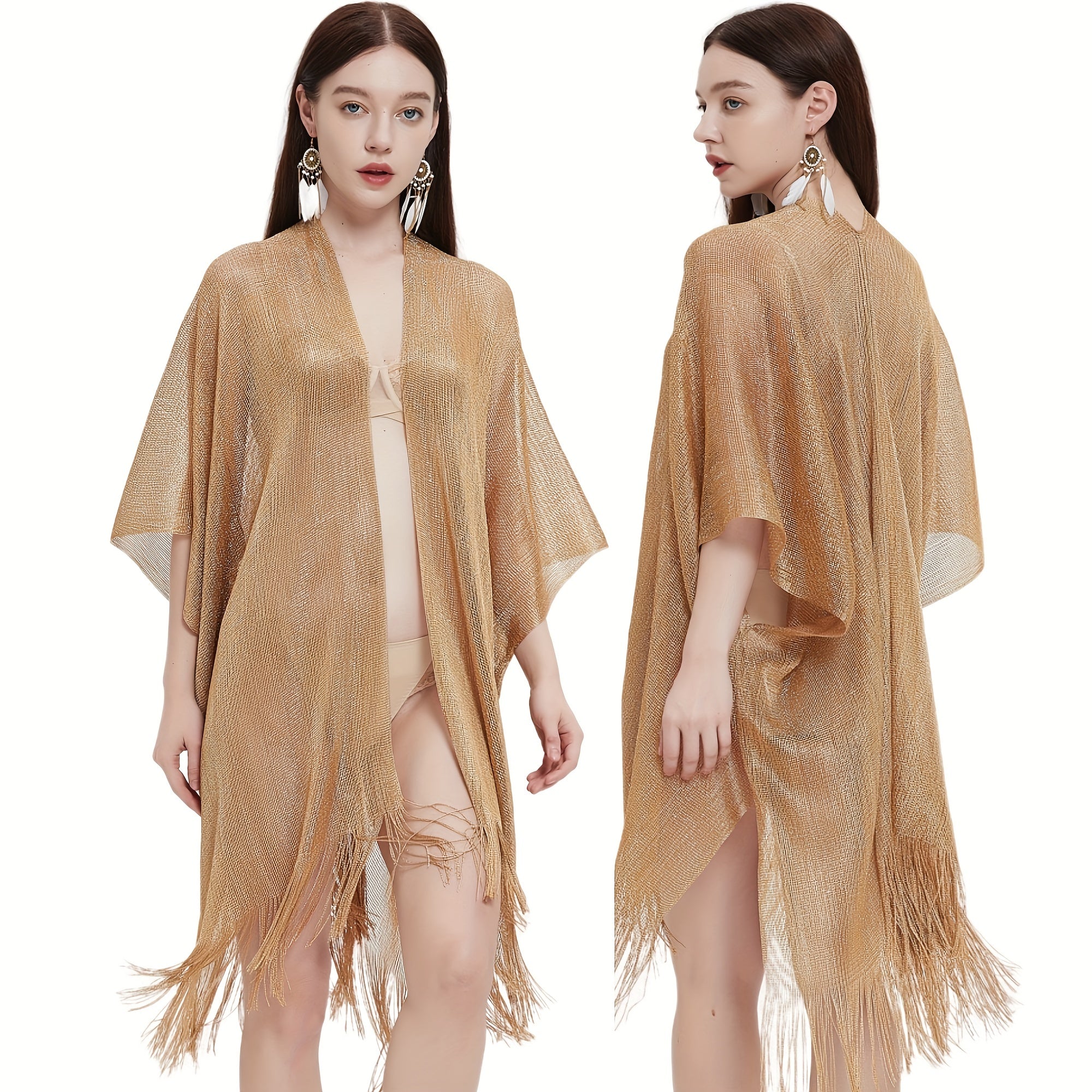 Solid Tassel Shawl Bikini Cover Up Women Sunscreen Cape Cardigan