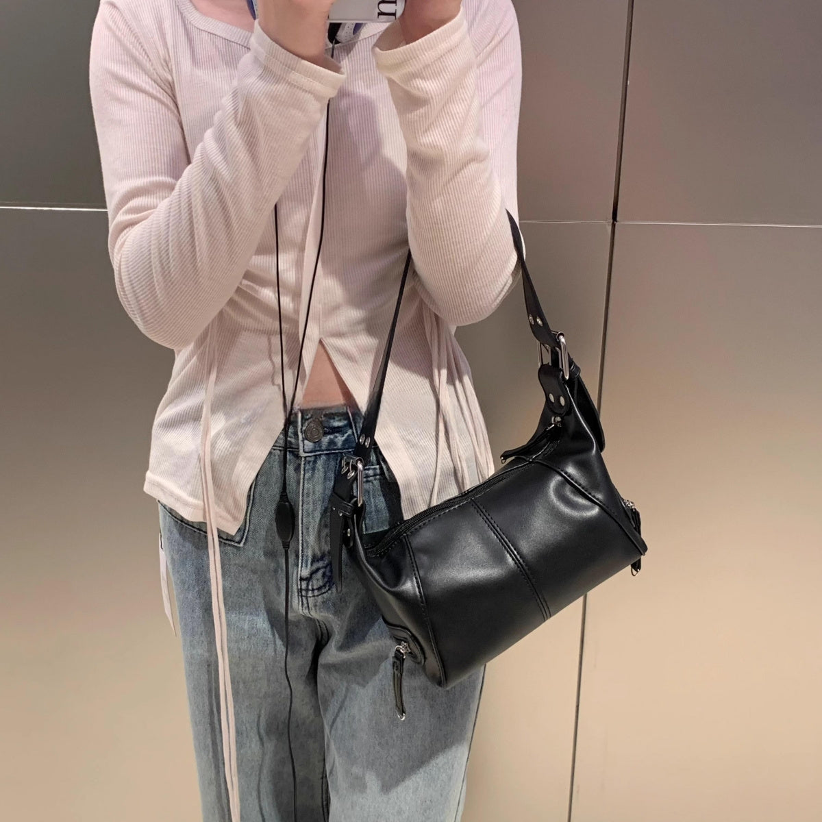 Minimalist Baguette Bag For Women Motorcycle Handbag