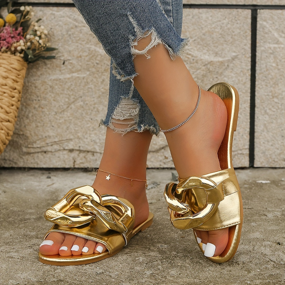 Women's Chain Decor Sandals Slip On Square Toe Flat Outdoor Slides Shoes