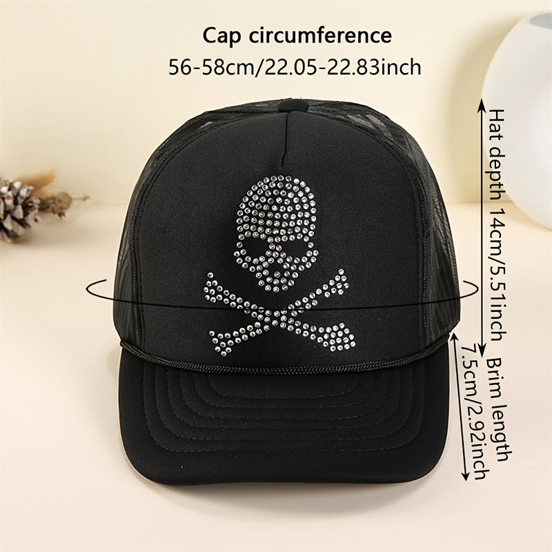 Rhinestone Skull Trucker Hat Mesh Unisex Baseball Cap Adjustable