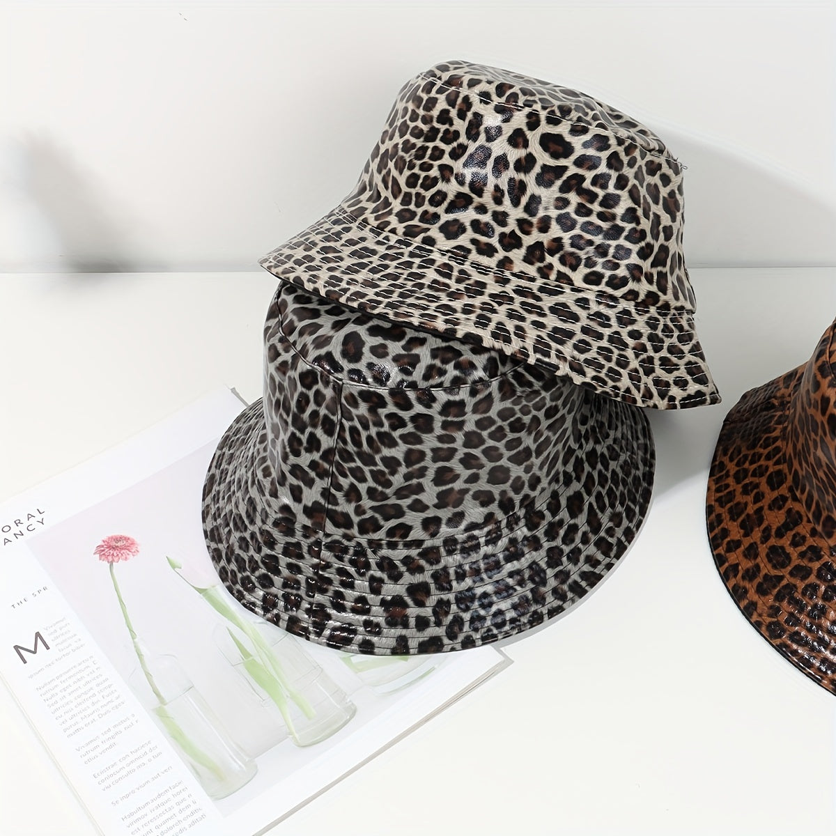 Leopard Print Reversible Bucket Hat PU Leather Waterproof Hip Hop Suns