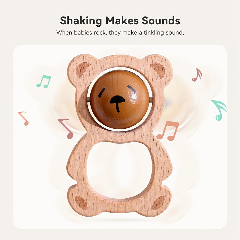 Wooden Bear Rattle for Babies Face Changing Cartoon Toy