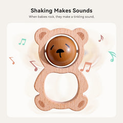 Wooden Bear Rattle for Babies Face Changing Cartoon Toy