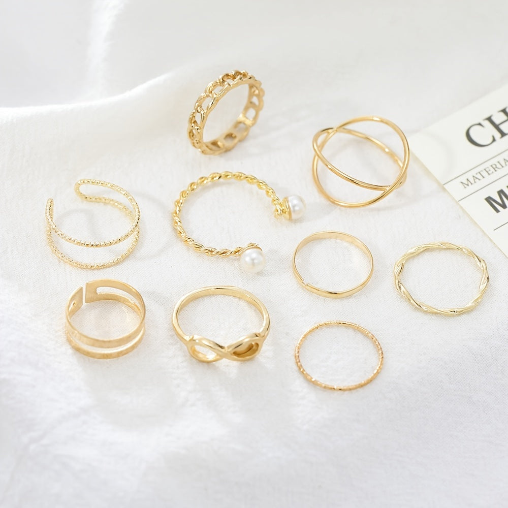 Geometric Cross Pearl Ring Set Women's Jewelry