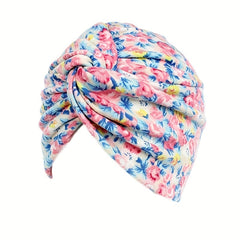 Boho Floral Print Turban Cap Elastic Beanie Knotted Pleated Head Wrap