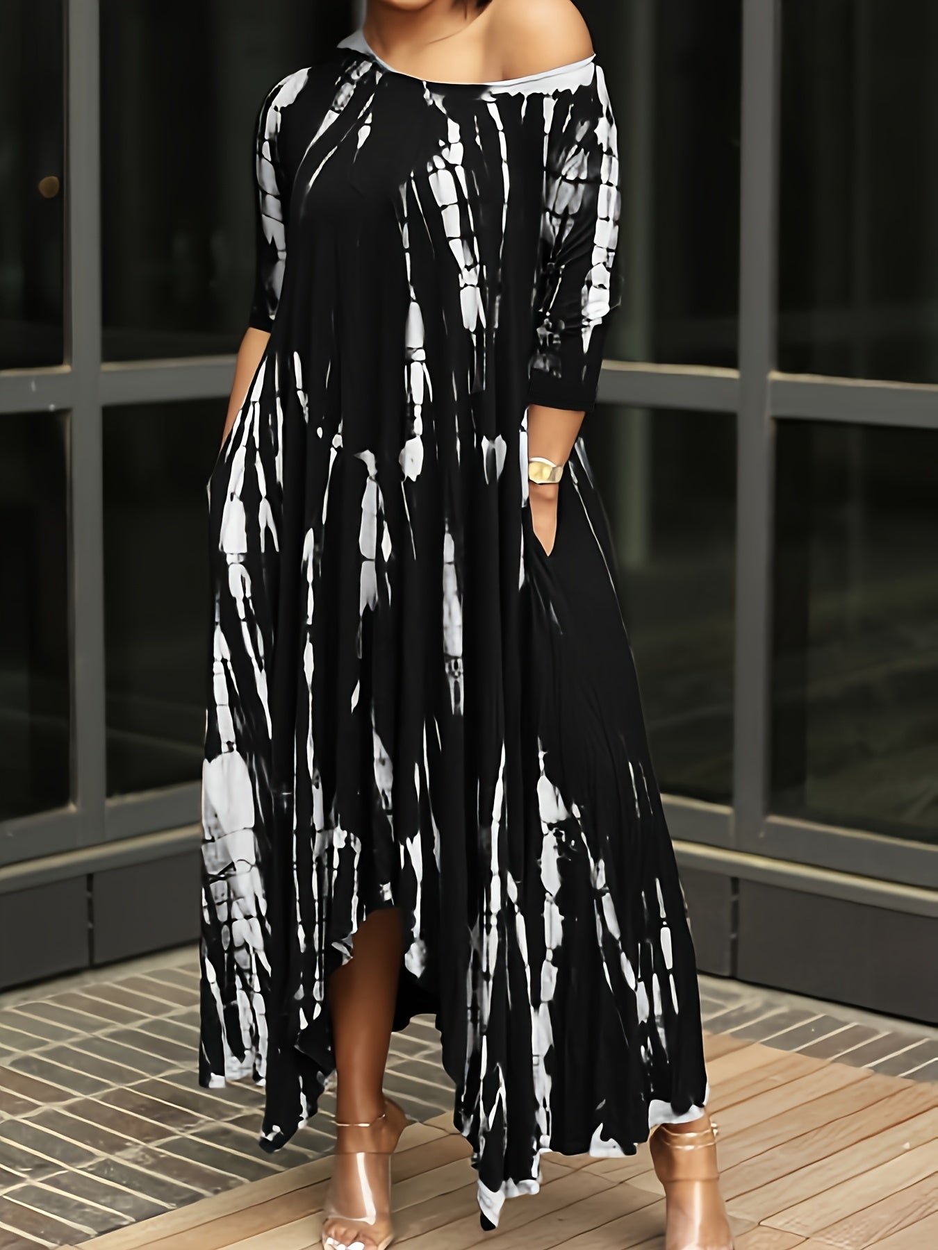  Tie Dye Long Sleeve Maxi Dress Round Neck