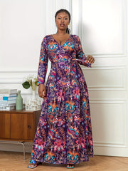  Allover Print Long Sleeve Maxi Dress With Belt