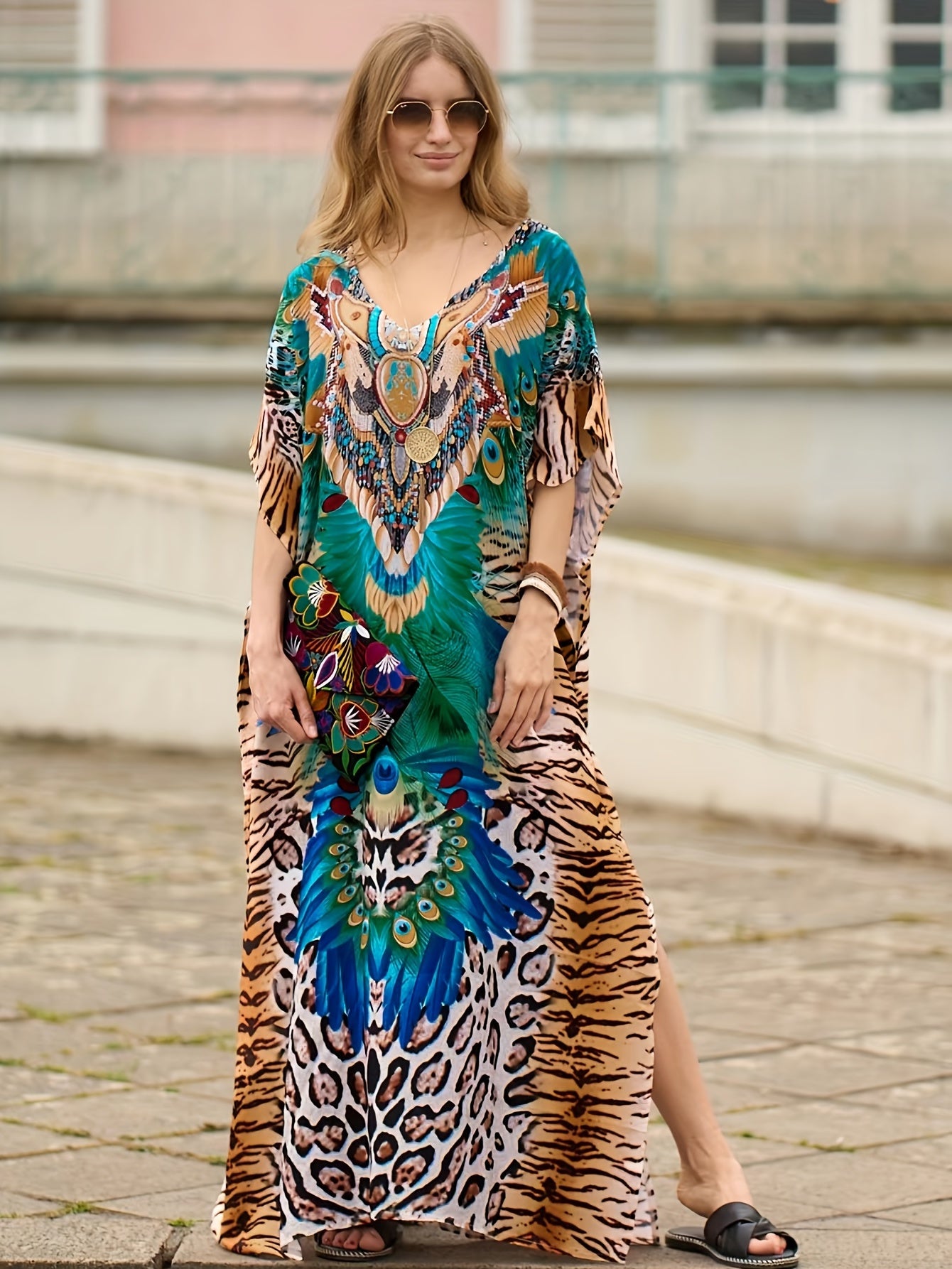  Striped V Neck Dolman Sleeve Maxi Kaftan Beach Dress