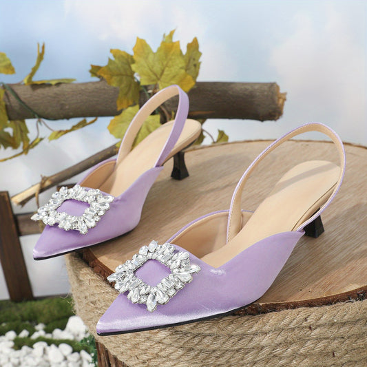 Women's Satin Kitten Heels Slingback Sandals Rhinestone Square Buckle