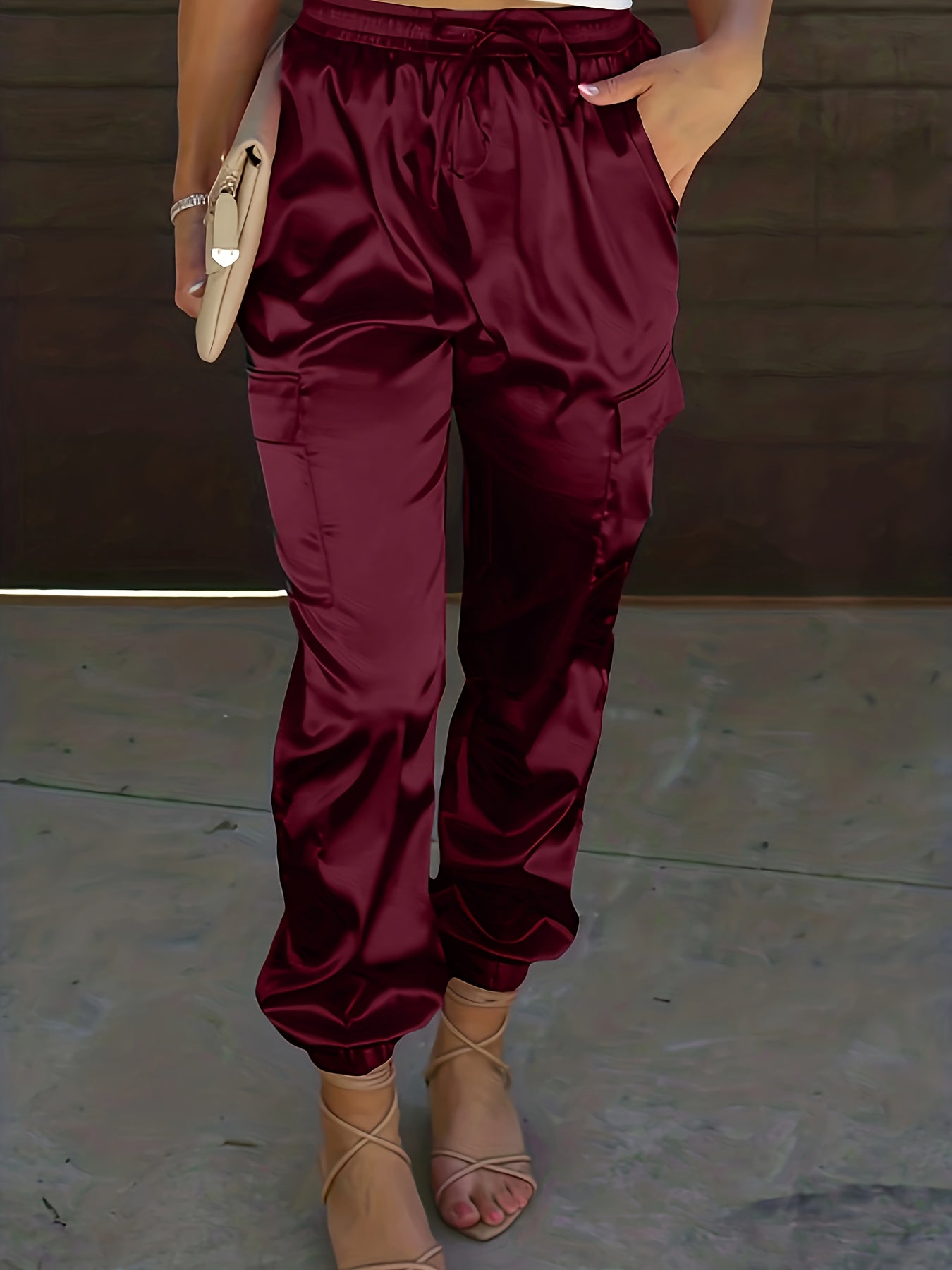 Women's Plus Solid Satin Cargo Pants With Drawstring Waist
