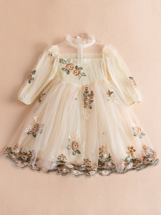 Girls Casual Flower Mesh Sleeves Embroidery Voile Dress For Wedding Party