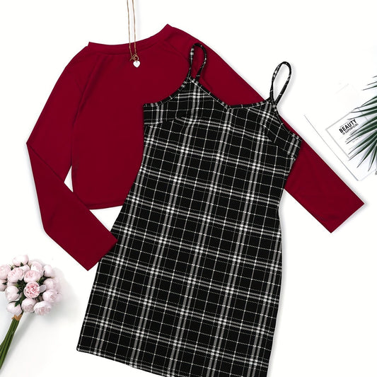 Preppy Two-piece Set Solid Long Sleeve Tops & Plaid Print Dress