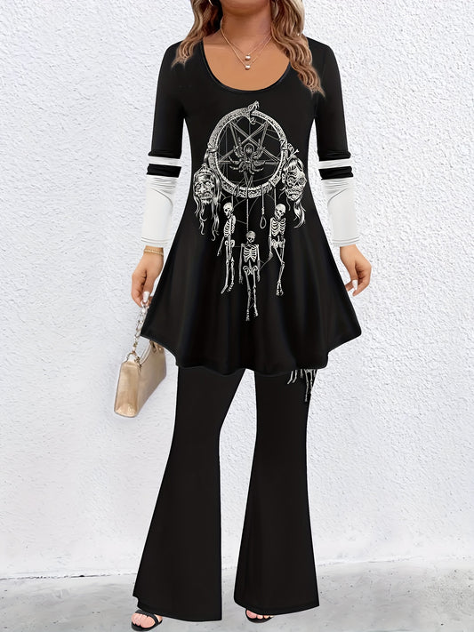  Gothic Skull Print Tee & Flared Leg Pants Two Piece Set