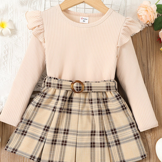Toddler Girl Plaid Flutter Sleeve Dress & Belt Set