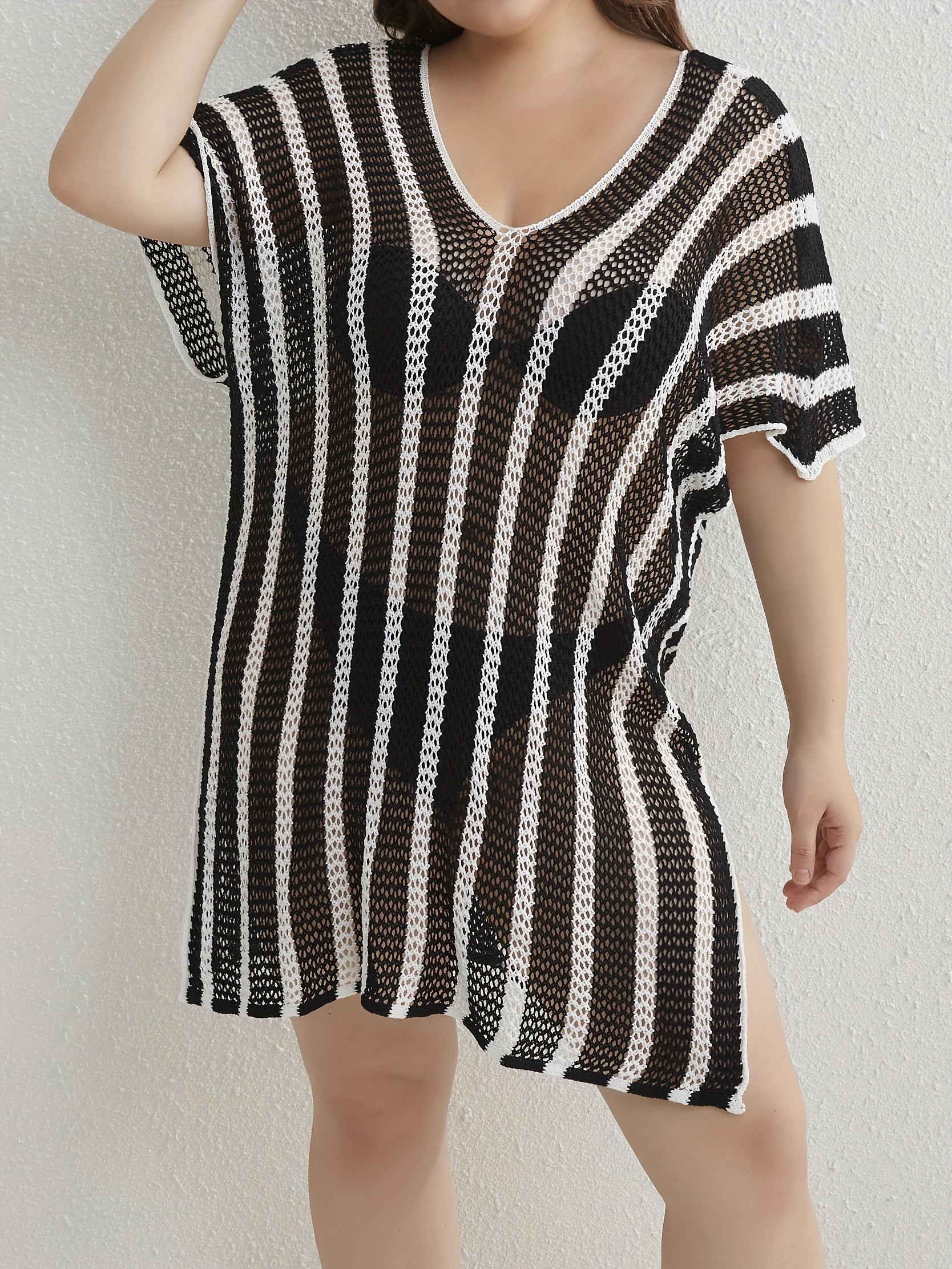 Women's Plus Size Striped Bat Sleeve V Neck Cover Up Dress