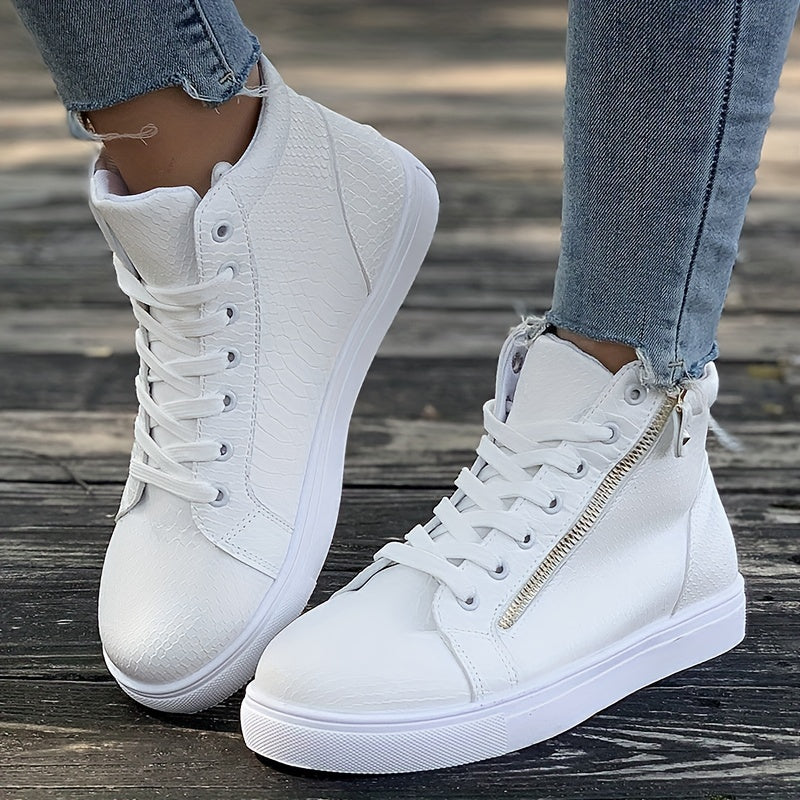 Side Zipper High Top Flat Skate Shoes Non Slip Faux Leather Sneakers