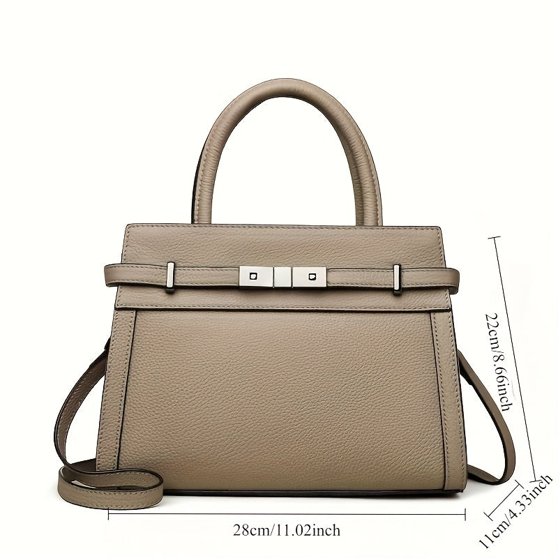 Green Leather Tote Bag with Zipper Closure & Detachable Strap