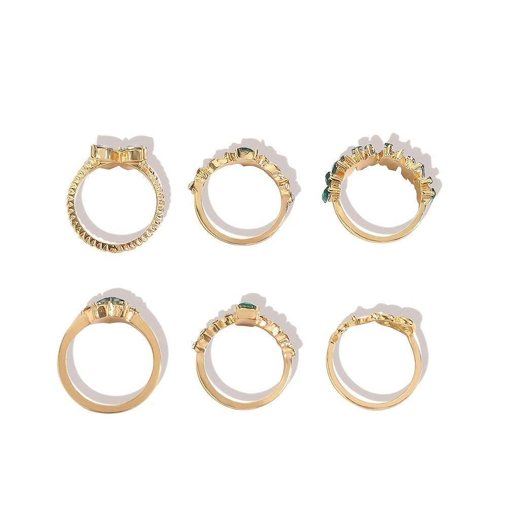 Green Vintage Emerald Heart LOVE Alphabet Butterfly Geometric Ring Set