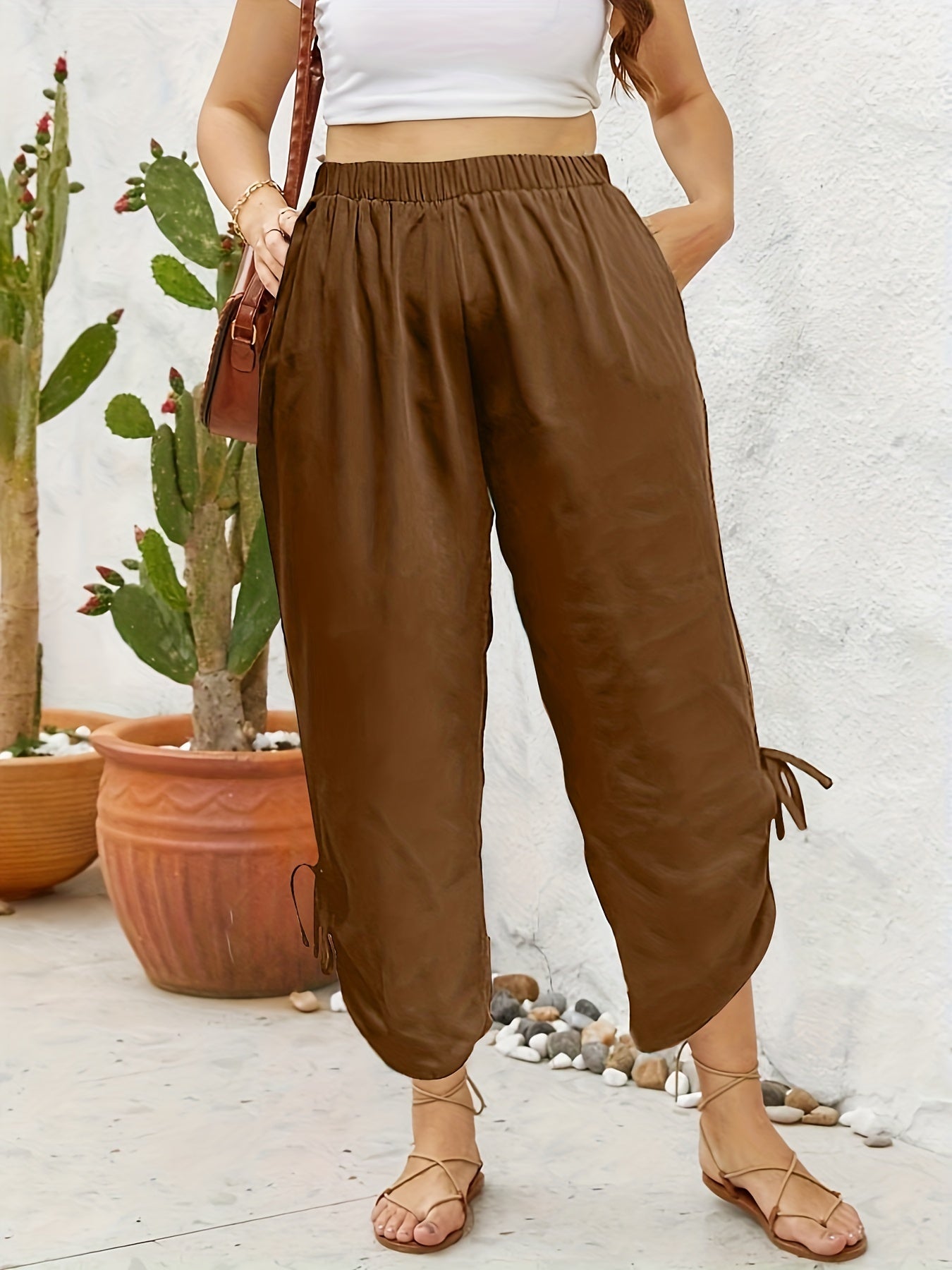 Women's Plus Size High Rise Knot Side Pants With Pockets