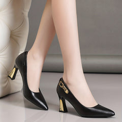 Women's Pointed Toe Court Pumps with Metal Buckle Slip On Chunky Heels
