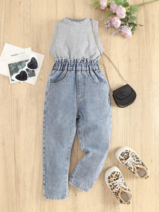 Girls Casual Elastic Waist Jeans Sleeveless Top Set