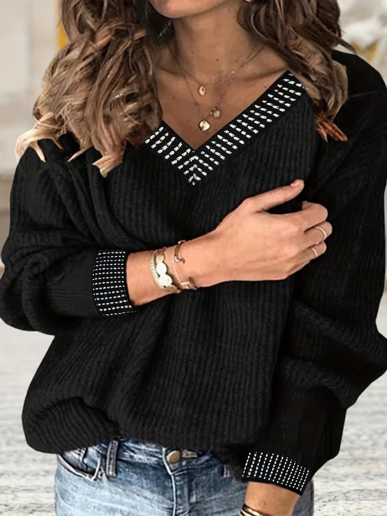  Sequin Decor V Neck Pullover Sweater