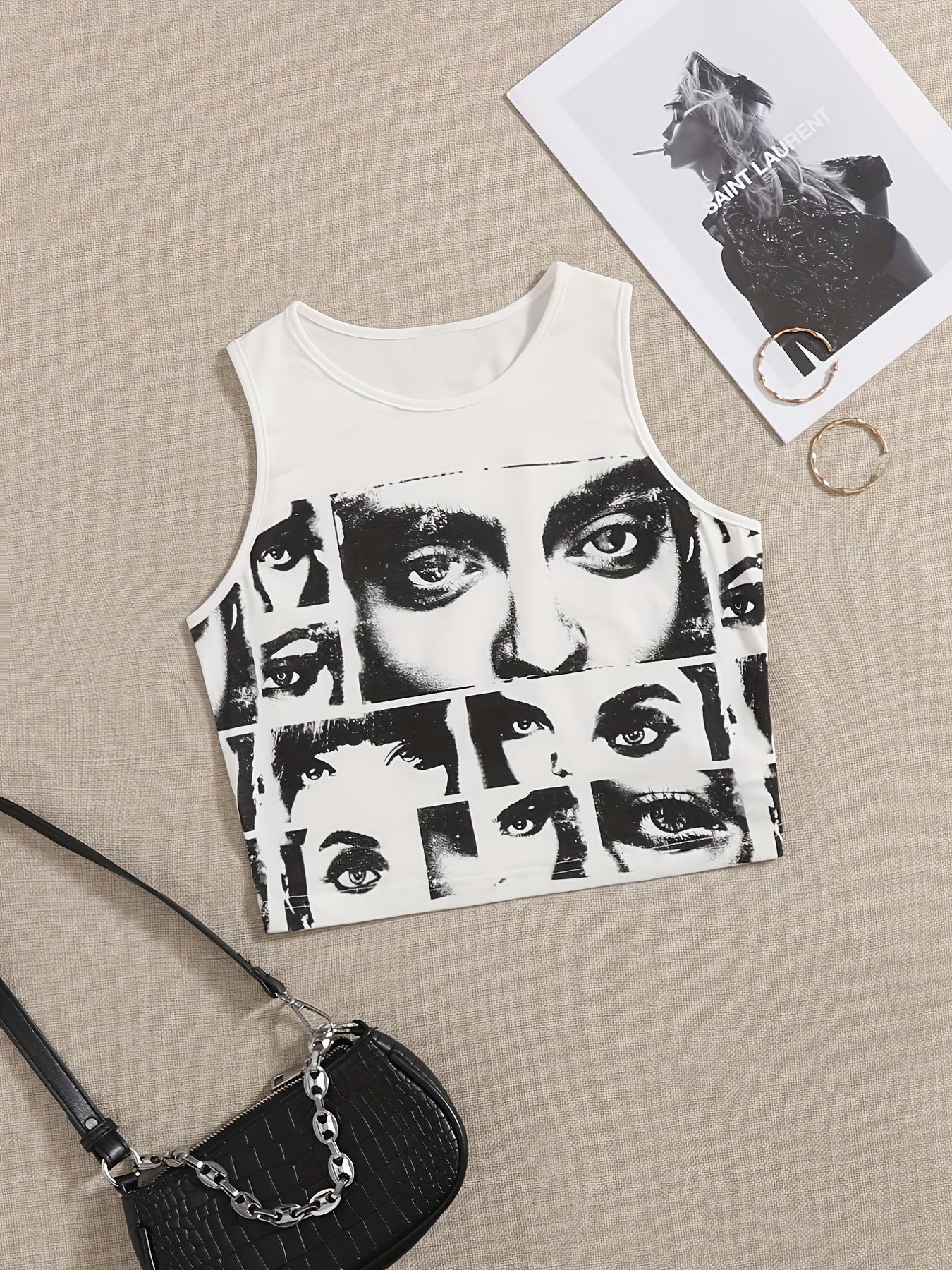 Y2K Human's Eyes Print Crop Tank Top