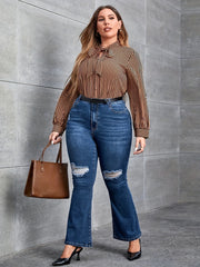 High Rise Ripped Flared Jeans Plus Size Stretch Denim Pants