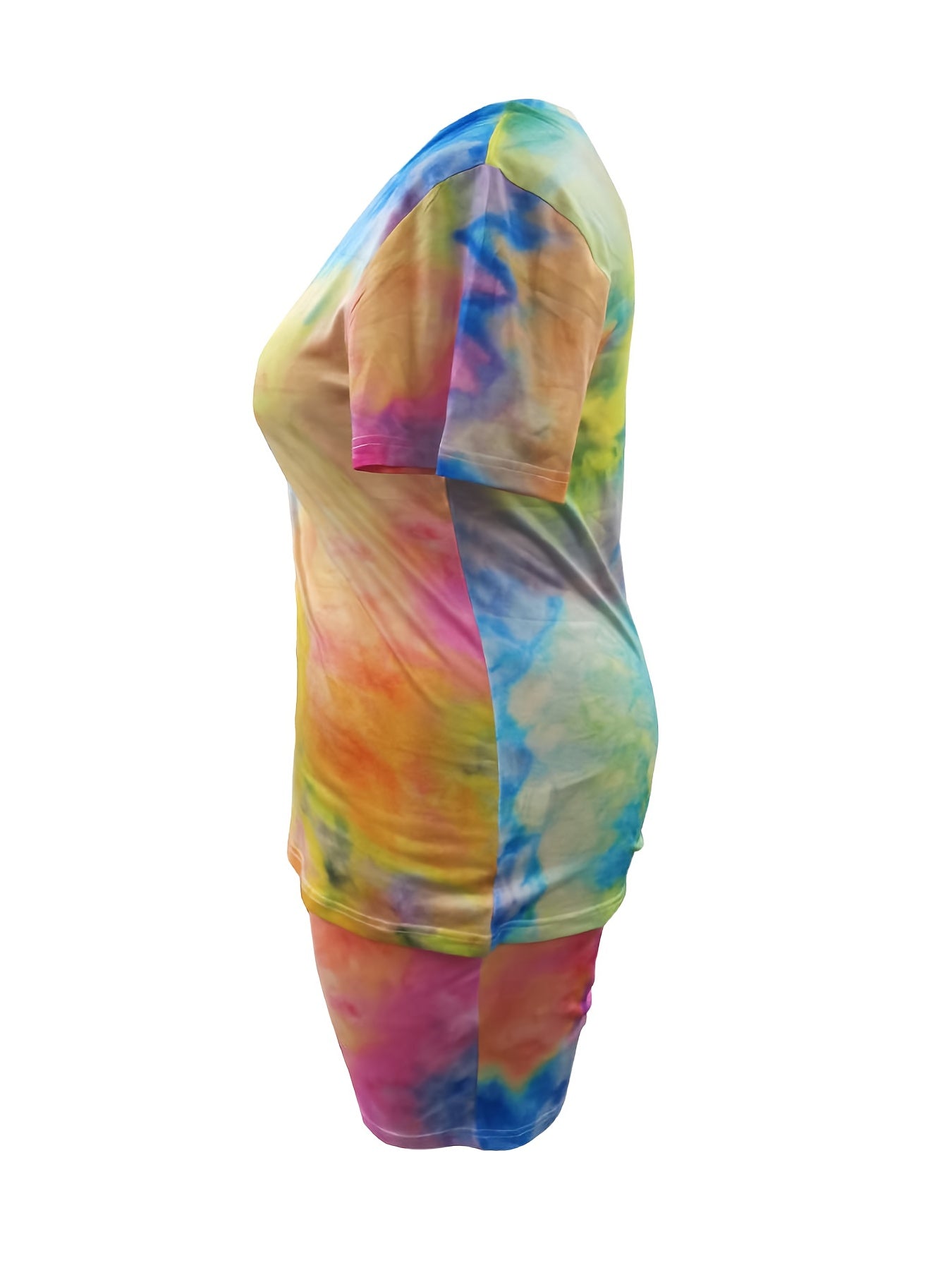 Women's Plus Tie Dye Tee & Shorts Set, V Neck, Two Piece Outfit