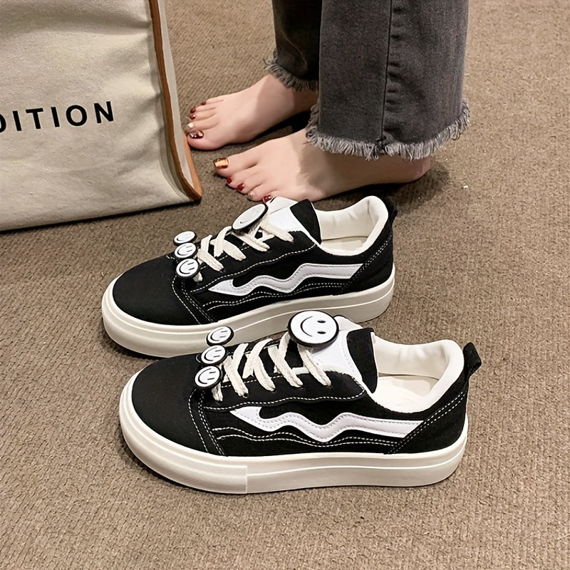 Women's Smile Decor Canvas Shoes Lace Up Low Top Sneakers