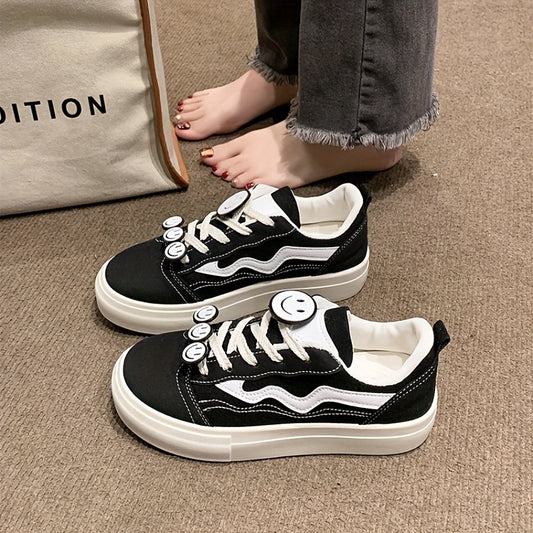 Women's Smile Decor Canvas Shoes Lace Up Low Top Sneakers