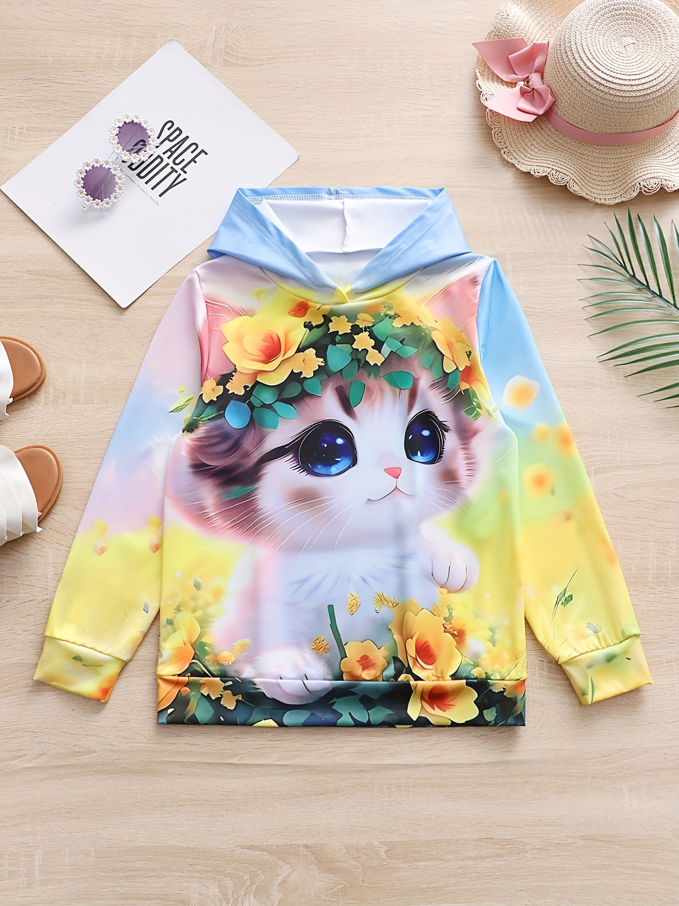 Girls Kitty & Flower Graphic Hoodies Comfy Casual Sweatshirt