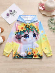 Girls Kitty & Flower Graphic Hoodies Comfy Casual Sweatshirt