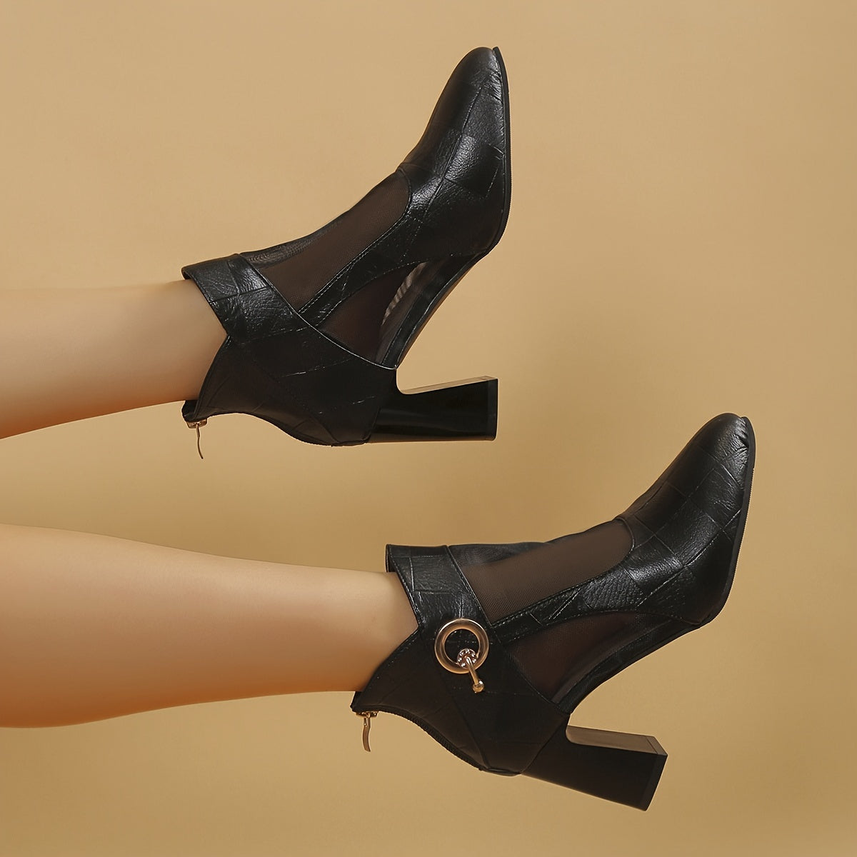 Chunky Heel Ankle Boots Mesh Back Zipper High Heels