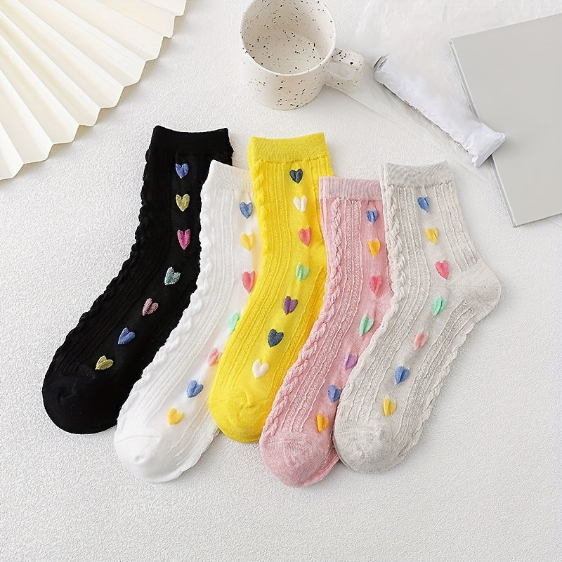 5 Pairs Heart Print Socks Comfy & Breathable Women's Mid Tube Socks
