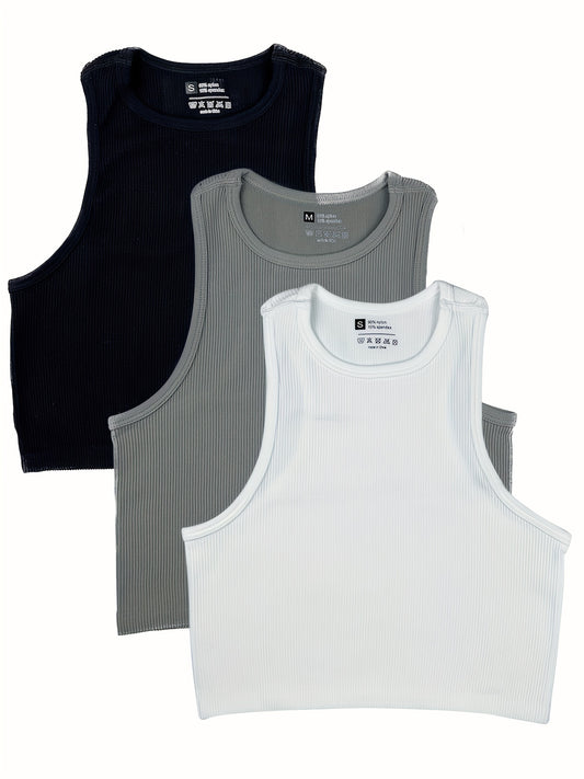 3 Pcs Sleeveless Ribbed Tank Top for Women's Activewear