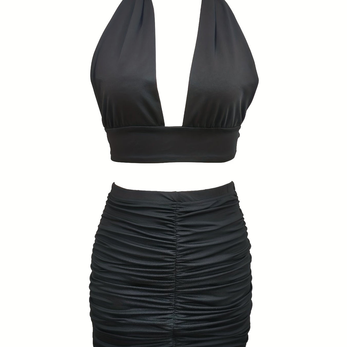 Solid Stretchy Party Two Piece Set Halter Neck Sleeveless Tops & Pleated Bag Hip