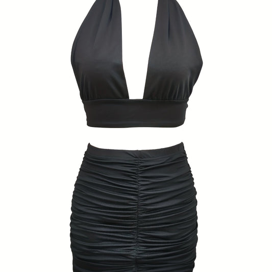 Solid Stretchy Party Two Piece Set Halter Neck Sleeveless Tops & Pleated Bag Hip