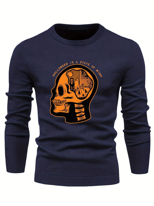 Cartoon Skeleton & Ghost Slim Warm Sweater Men's Casual Retro Style