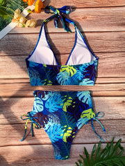 Leaf Print Halter Neck Bikini Set V Neck High Cut Tie Side Cut Out Swimsuit