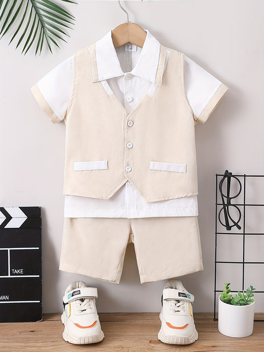 Boys Formal Gentleman Outfits Short Sleeve Shirt&Shorts&Vest Kids Clothing Set