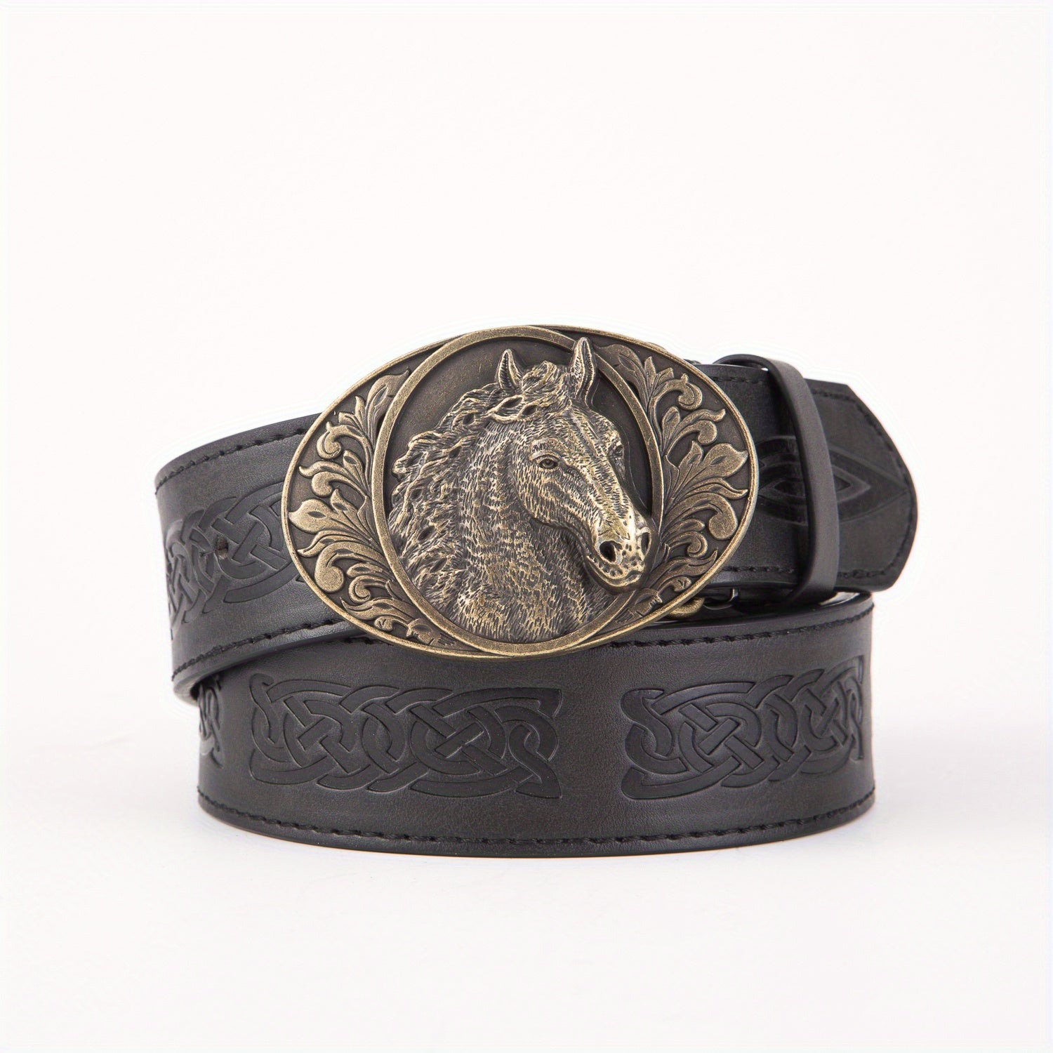 Men's PU Leather Horse Head Buckle Belt Western Cowboy Belt