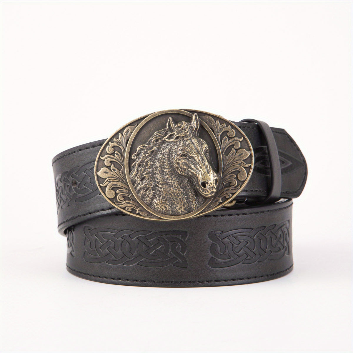 Men's PU Leather Horse Head Buckle Belt Western Cowboy Belt